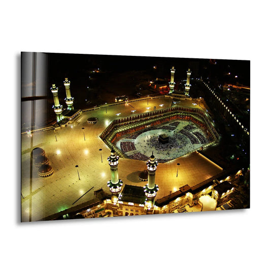 Religion glass wall art with Kaaba motif at night and Islamic wall art featuring Mecca Kaaba artwork and divine glass wall decor