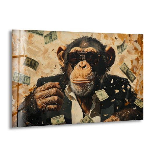 This premium glass wall art showcases a chimpanzee showered in money, rendered with exceptional detail on durable wall prints.