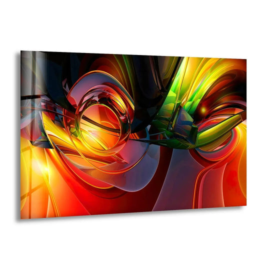 Swirling, luminous reds and greens create a soft, ethereal glow on this glass printing abstract.