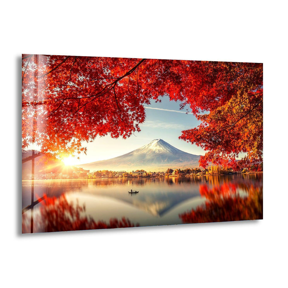 Showcasing the impeccable material quality of this Fuji Mountain Japan glass wall art, highlighting its clarity and sheen as a premium piece of hanging wall art.