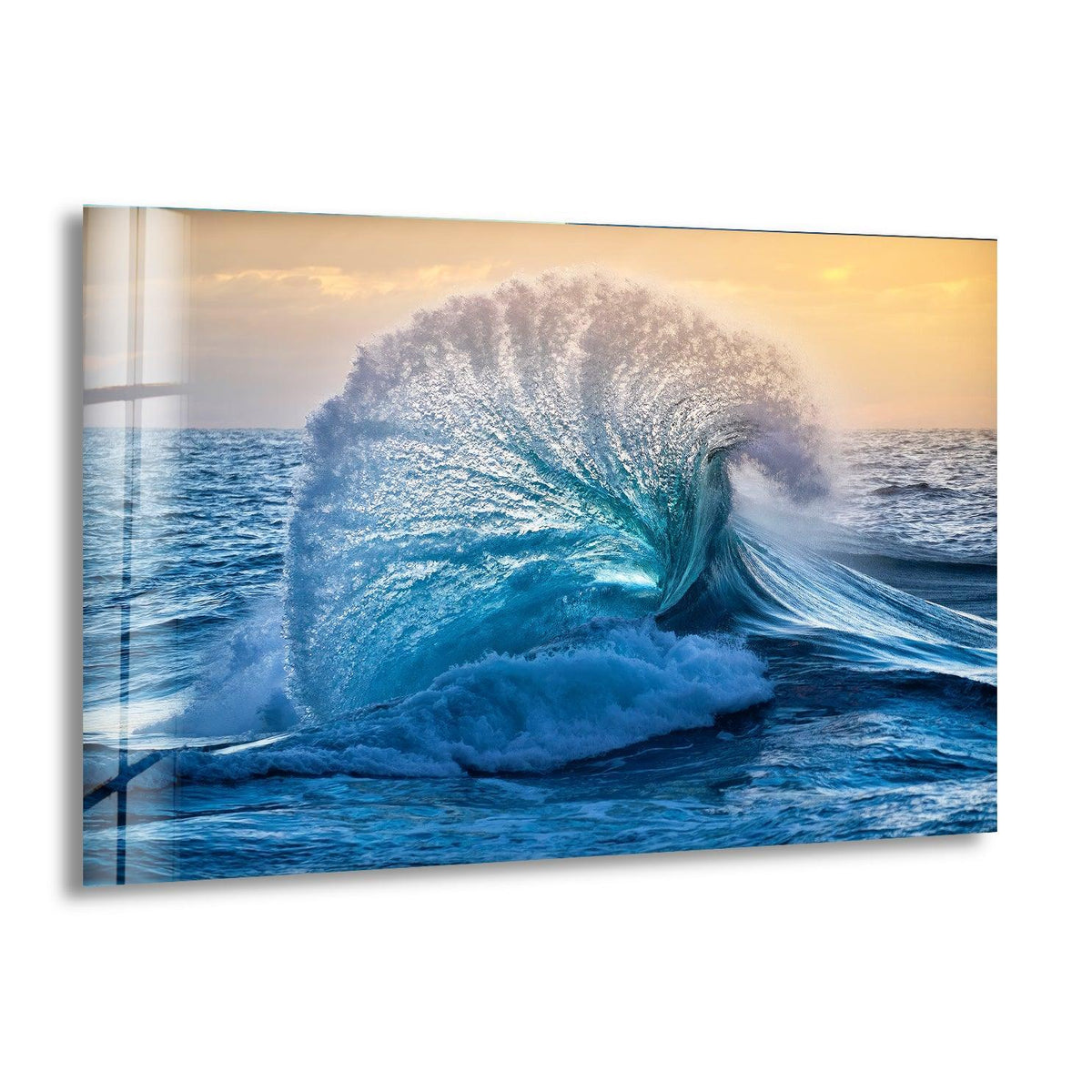 Illuminating the dynamic curve, the big ocean wave glass wall art showcases unique modern wall decor through the powerful movement of the sea.