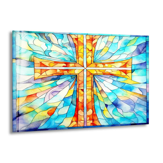 Religion style glass wall art shows a holy cross design and Christian art plus a heavenly light effect
