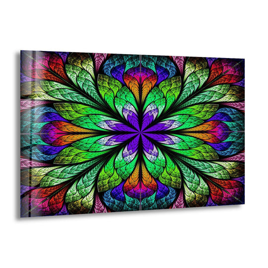 Fractal flower glass art painting displays a layering effect with vibrant jewel-toned petals.