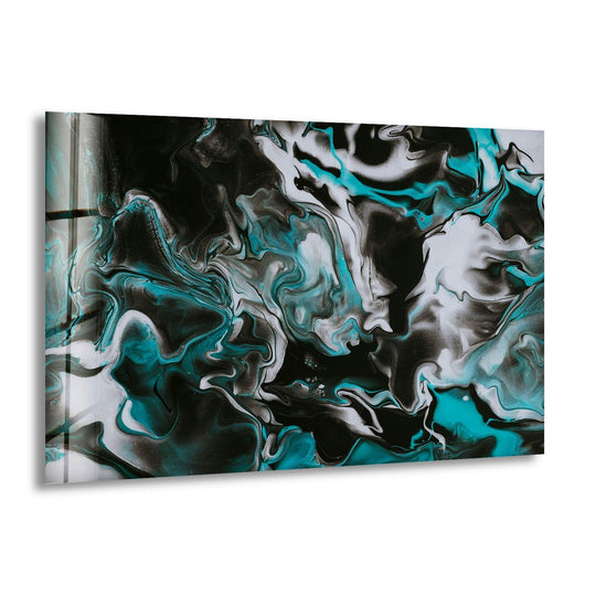 Abstract glass printing showcases a striking layered effect of swirling teal, black, and white hues.