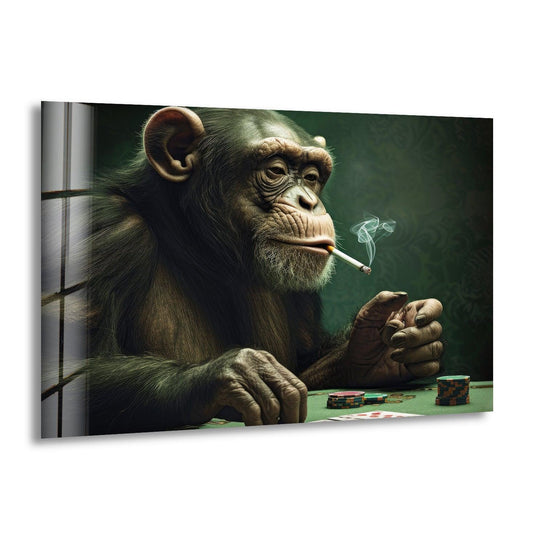 Vibrant green hues and rich brown tones dominate this glass printing of a smoking chimpanzee playing cards.