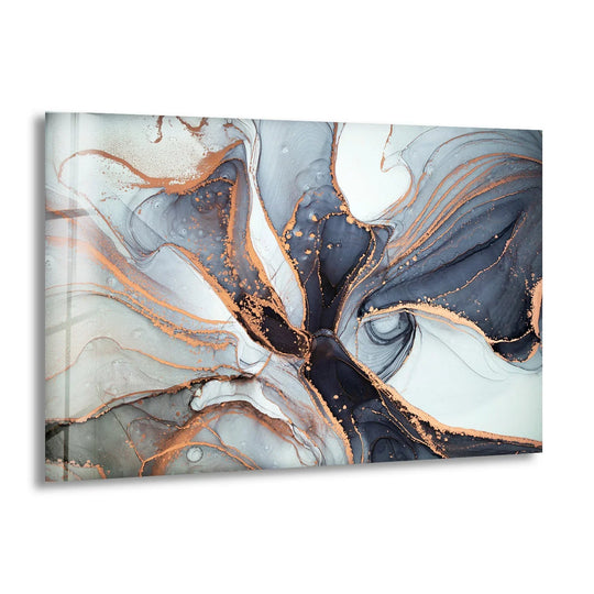 A captivating abstract decorative wall art piece showcasing subtle gray and black ink layers with striking copper accents.