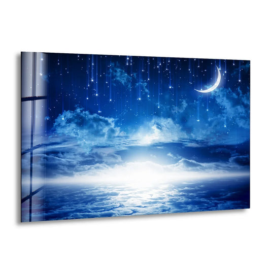 Space wall art with a starry night motif a crescent moon shape and glass material plus moon glass wall art and starry glass prints