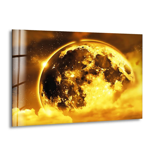 Space Wall Art shiny glass wall art showing a full moon and yellow stars with glass art paintings