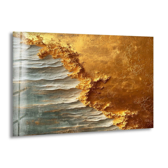A dynamic cascade of gold swirls and undulating, wave-like textures creates a sense of powerful movement in this art from glass.