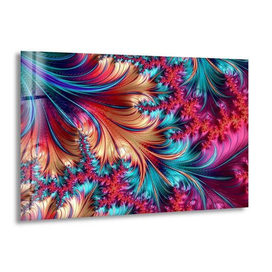 A horizontal rectangular decorative wall art featuring a vibrant fractal spiral with flowing pink, teal, and gold shapes.