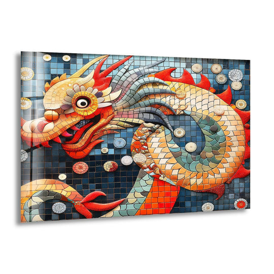 A colorful glass wall art depicts a dragon's winding form, its scales creating a captivating visual rhythm.