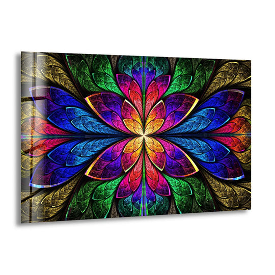 Fractal design abstract glass wall art showcases organic forms like a vibrant flower bloom of sapphire and emerald petals.