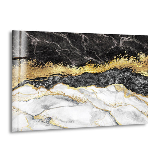 Reflecting light and shadow, black, white, and gold marble textures create a dynamic abstract glass wall art piece.