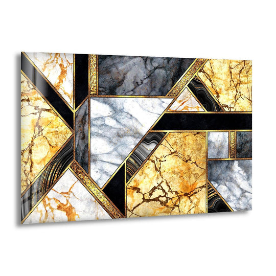 Abstract geometric gold granite and marble glass wall art with glittering accents.