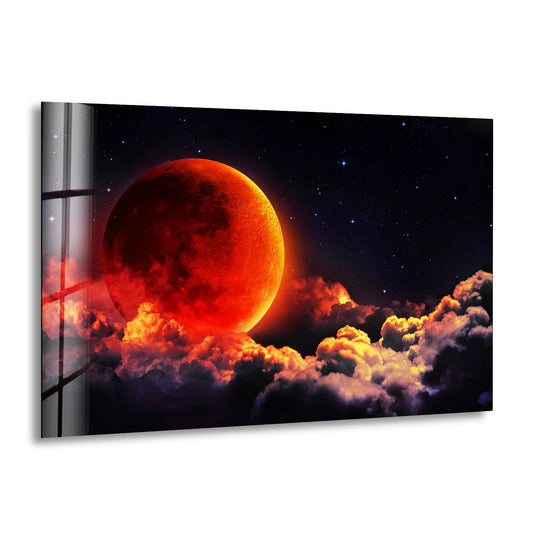 Space Wall Art on glass shows a blood moon above clouds and a starry night sky is high quality tempered glass space wall art