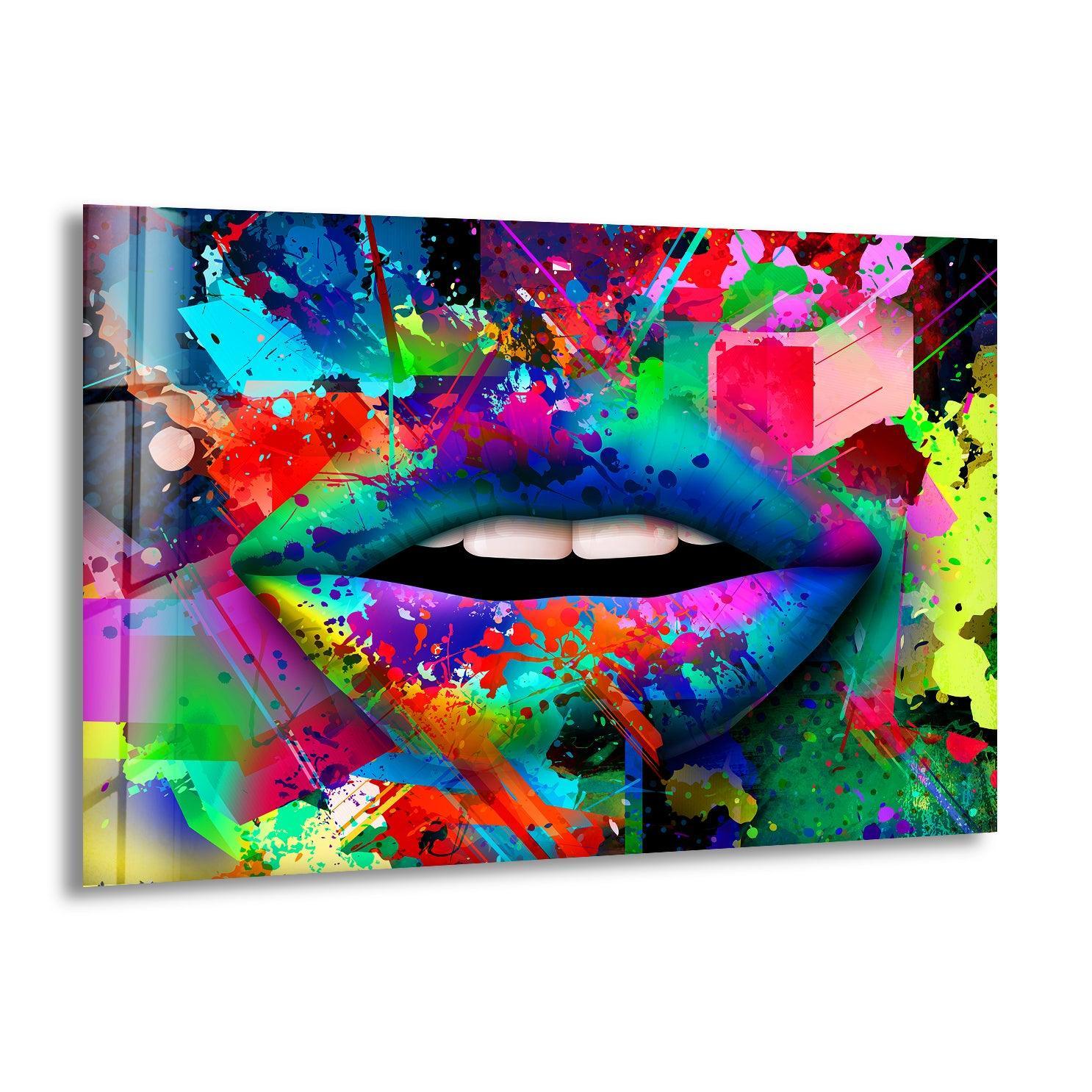 A vibrant, cool-toned glass art painting depicting spray-painted lips in a cool color temperature of blues and greens against a splashy, warm background.