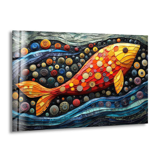 An abstract glass art piece features a vibrant, patterned fish swimming amidst colorful, circular textures and undulating blue waves.