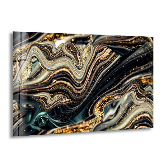 Glitter swirls of marble glass wall art featuring a dynamic, opulent display of golden specks and dark, flowing waves as the loudest element.