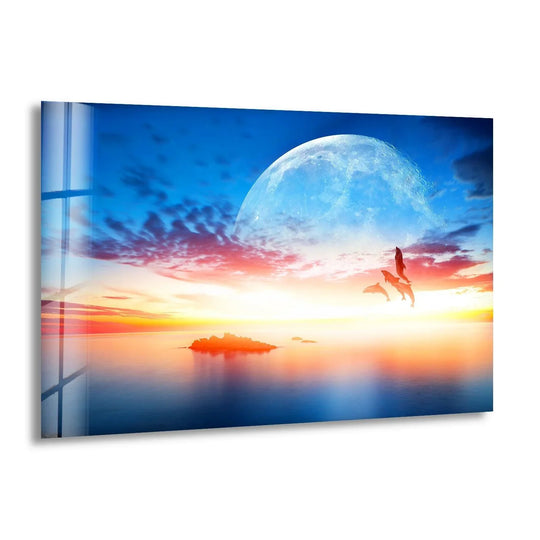 Landscape glass wall art sunset and dolphins with moon and ocean theme