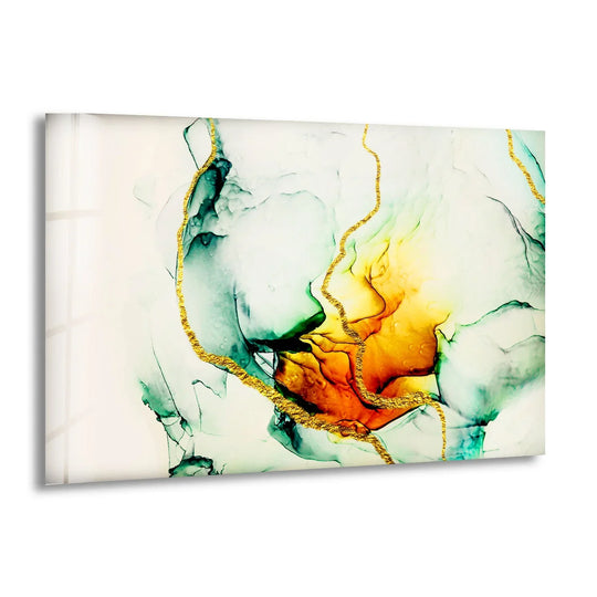 Abstract glass wall art featuring dominant green and orange hues, perfect for home decor.