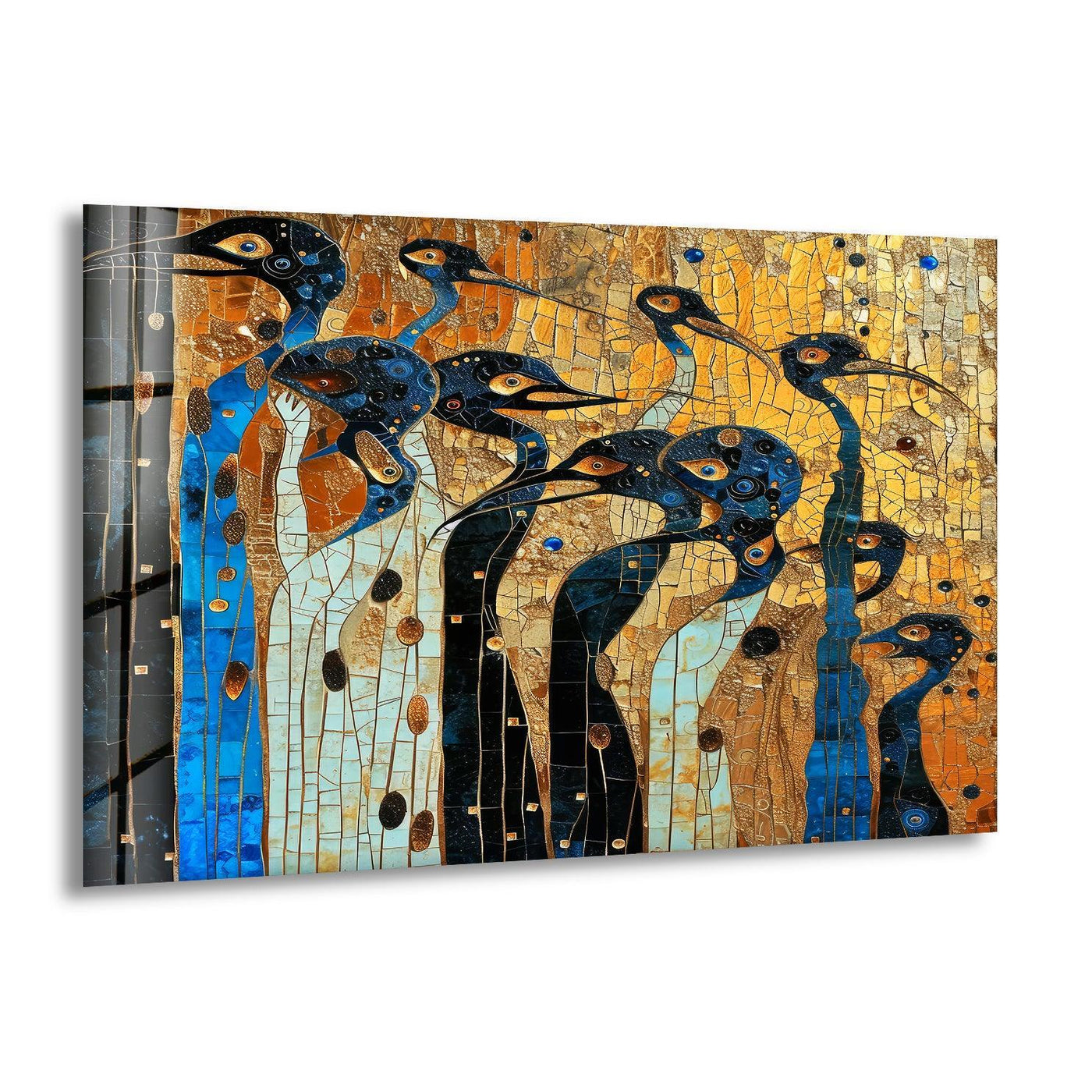 Mosaic peacock glass art featuring a textured, crackled surface with sapphire blues and golden hues.