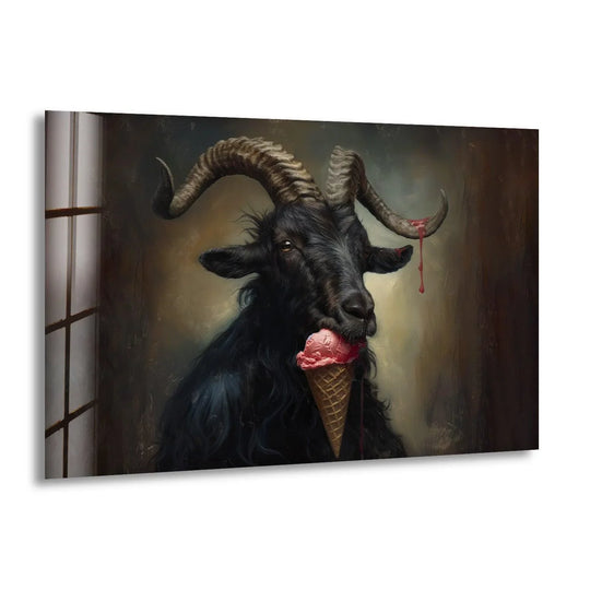 A dark and moody glass art painting captures a black goat with large horns eating strawberry ice cream.