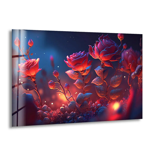 A dark navy background frames a vivid red rose glass wall art home decoration with illuminated petals.