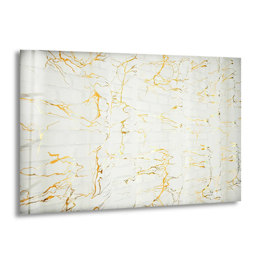 Light and shadow play across a white marble art from glass with subtle gold veins, creating a dynamic visual texture.