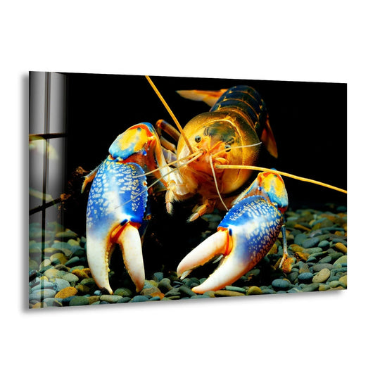 Two vibrant blue and orange lobsters gracefully scuttle across the rocky seabed in this dynamic hanging wall art.