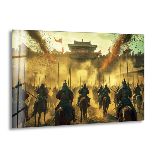 A cloud of golden dust billows softly in the hazy sunlight around armored warriors on horseback, adding a gentle texture to this glass wall art.