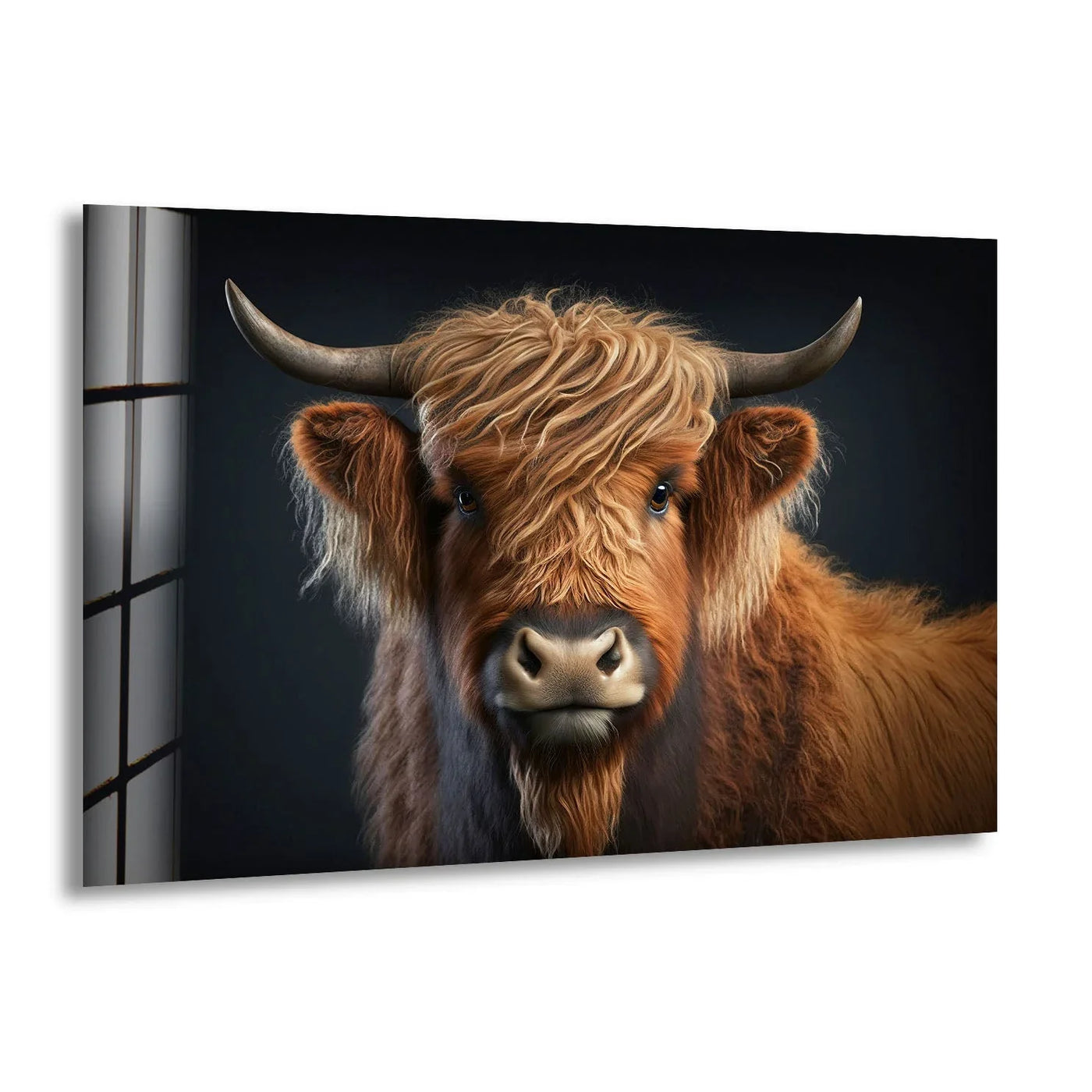 A detailed scottish cow portrait on glass wall art features dark background and a window frame.