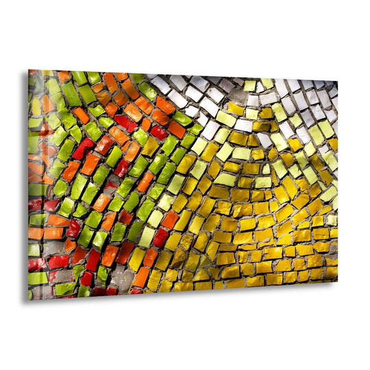 Close-up focus on a vibrant mosaic wall art print composed of colorful glass bricks in abstract patterns.