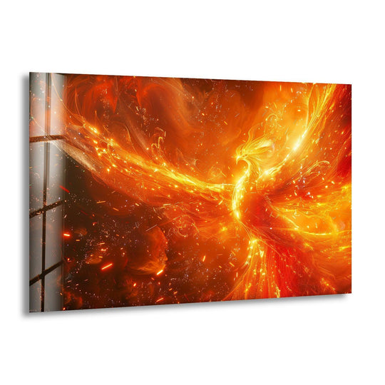 The horizontal glass wall art shows a fire phoenix and vibrant orange artwork with elegant animal painting details