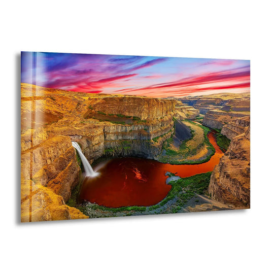 The sleek finish on this Grand Canyon Waterfall glass art painting enhances the breathtaking landscape, making it a stunning addition to any room.