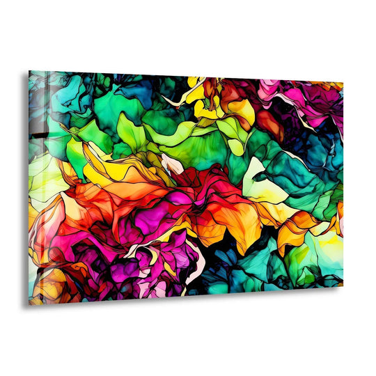 Vibrant alcohol ink patterns in hues of pink and gold adorn this art from glass, showcasing stunning foreground detail.
