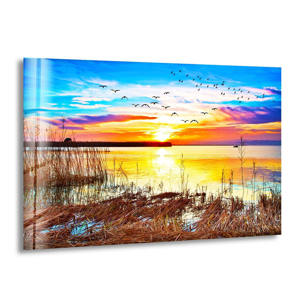 Golden Sunset Over the Lake Glass Wall Art – A Stunning Nature Landscape
