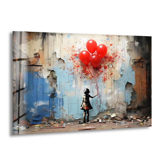 Girl with Balloon Banksy Glass Wall Art is a street art print of a girl holding red balloons against a colorful peeling urban wall