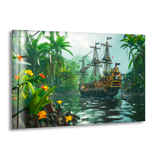 Stillness captures a pirate ship as a print wall art, gently gliding on the jungle river, a mystical scene preserved on glass.