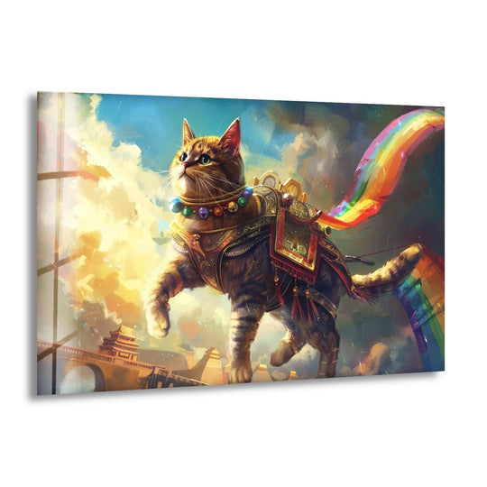 Whimsical flying cat art with organic forms, a vibrant rainbow tail, and a majestic bridge, as hanging wall art.