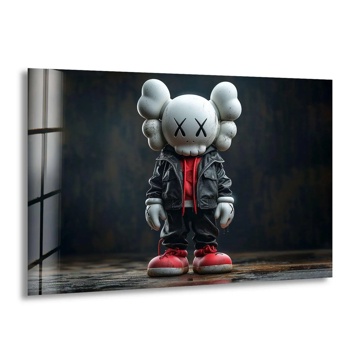 Detailed glass art features a stylized figure in a leather jacket with iconic crossed-out eyes and red sneakers.