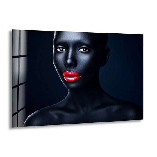 Dark negative space frames a striking black woman with vibrant red lips, perfect for your glass printing needs.