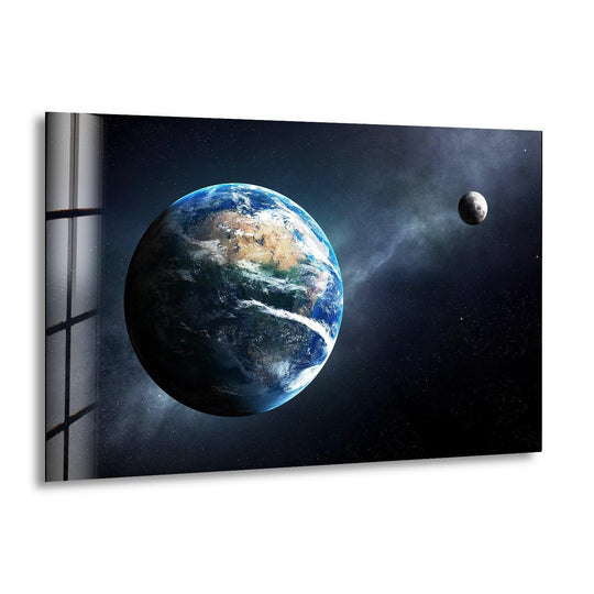 Space Wall Art showing the Earth and Moon in dark space a horizontal glass wall art and vibrant Earth space photograph