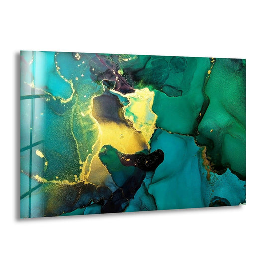 Fluid swirls of emerald and gold ink create a sense of dynamic movement in this decorative wall art.