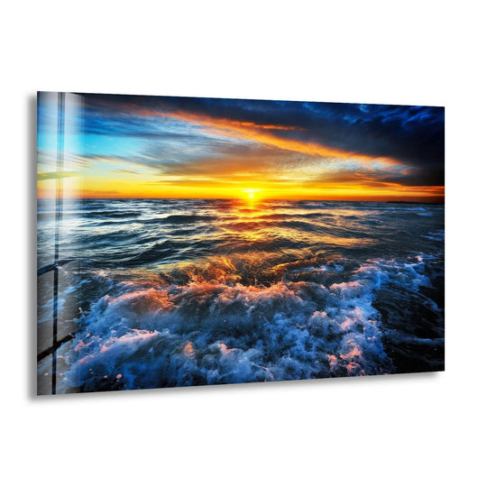 Textured surface of the ocean sunset glass print reveals the unique modern wall decor, capturing the vibrant seascape and crashing waves in the coastal decor.