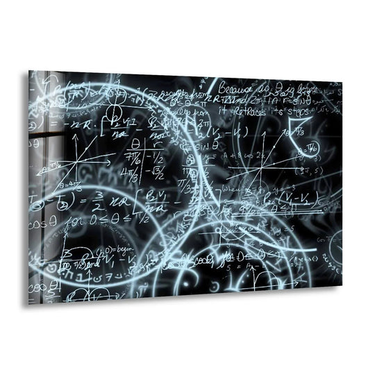 Complex mathematical equations and formulas create a mystical, glowing background for this unique modern wall decor.