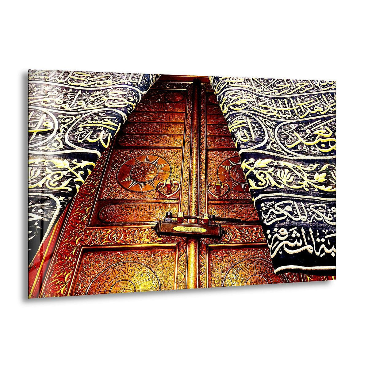 Detailed surface texture defines the ornate Mecca Makkah al-Mukarramah door in this stunning glass art, showcasing intricate carvings and decorative cloth.
