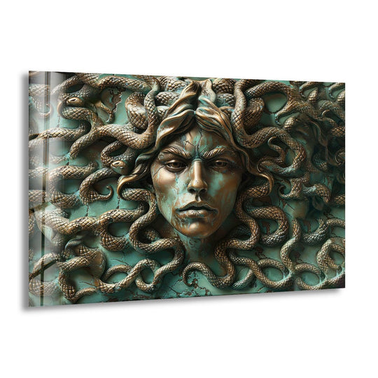Intricate geometric patterns of coiled snakes form the hair of the Medusa glass wall art, a piece of unique modern wall decor.