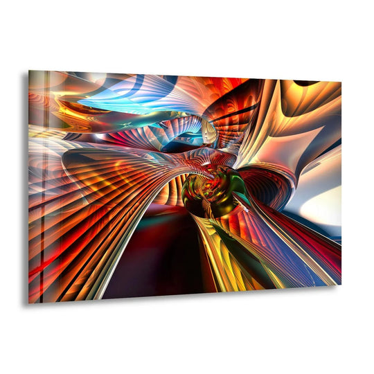 This fractal neon abstract glass wall art showcases a mesmerizing visual rhythm of undulating, vibrant colors and flowing lines.