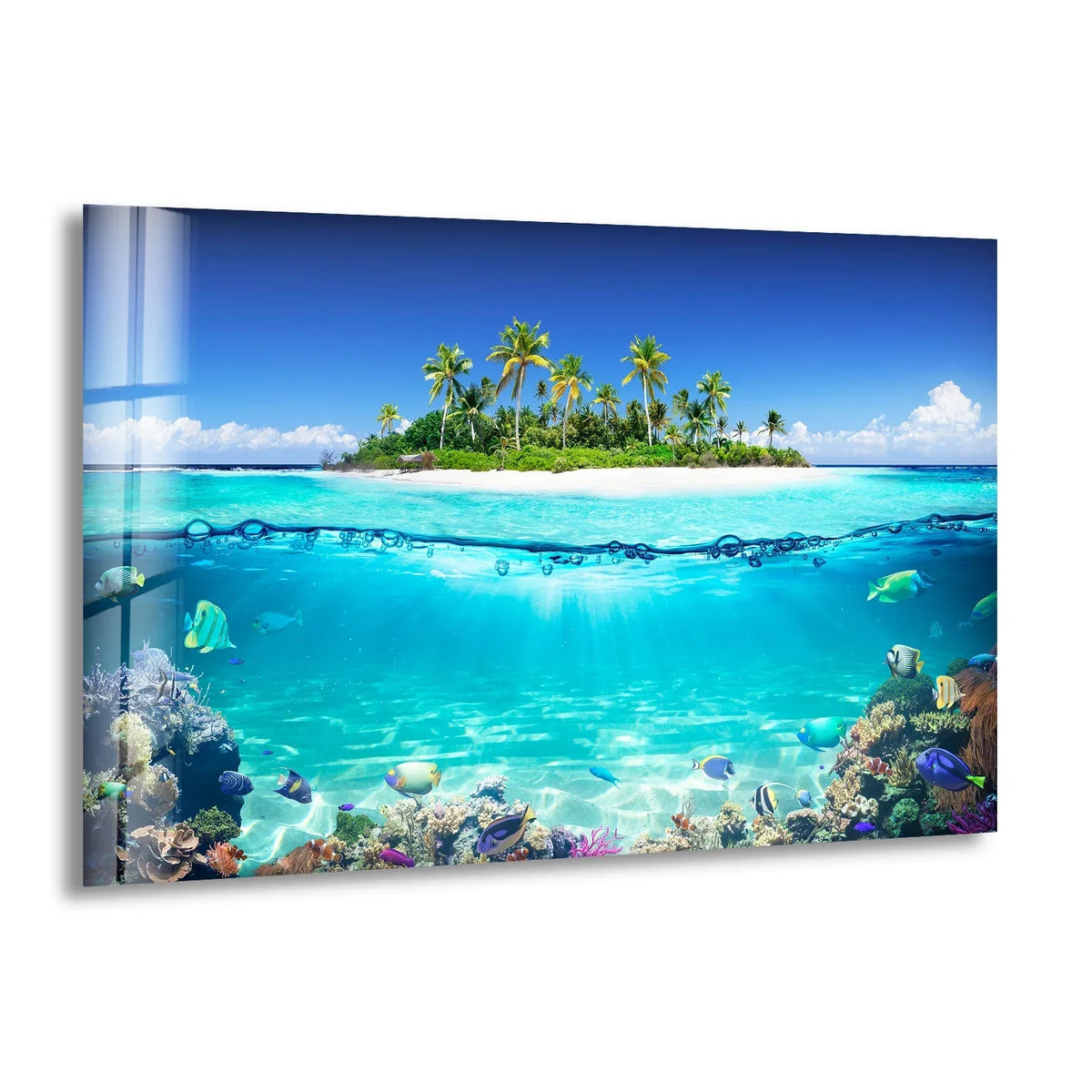 Beyond the vibrant marine life, the tropical island in the background showcases the best glass art with its crystal-clear waters and lush, verdant foliage.
