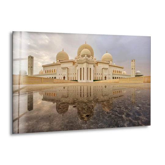 Religion glass wall art showing Sheikh Zayed Mosque with an 8K UV print and tempered glass is timeless glass wall decor and religious artwork